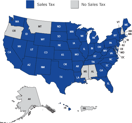 Sales Tax States United States map showing sales tax is not charged in Alabama, Alaska, Mississippi, Montana, New Hampshire, Oregon or Puerto Rico.